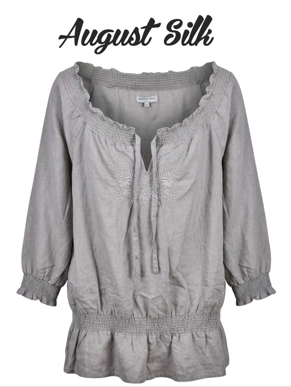 August silk lavender gray embroidered smocked peasant tunic XL - Picture 1 of 10